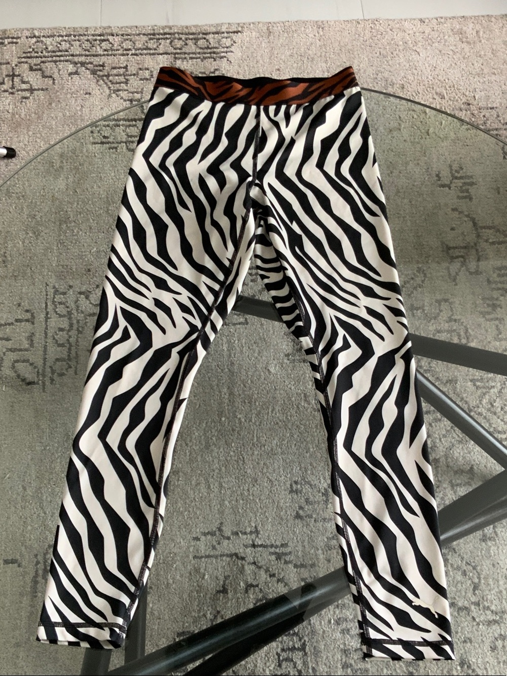 Puma Black & White Zebra Print Leggings with Brown Waistband XS